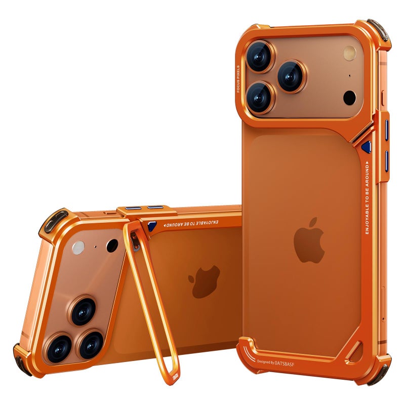 Oatsbasf حافظة OATSBASF 9 لهاتف iPhone 17 Pro Max - حافظة بامبر معدنية، إطار من الألمنيوم، تصميم نحيف بدون ظهر، متوافقة مع MagSafe، حماية مقاومة للصدمات، حافظة هاتف بدون إطار بلمسة بسيطة، برتقالية - Image 1