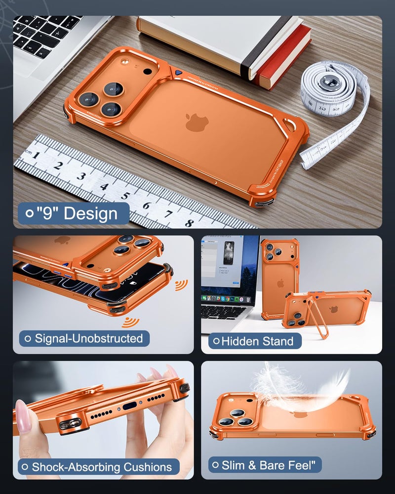 Oatsbasf حافظة OATSBASF 9 لهاتف iPhone 17 Pro Max - حافظة بامبر معدنية، إطار من الألمنيوم، تصميم نحيف بدون ظهر، متوافقة مع MagSafe، حماية مقاومة للصدمات، حافظة هاتف بدون إطار بلمسة بسيطة، برتقالية - Image 5
