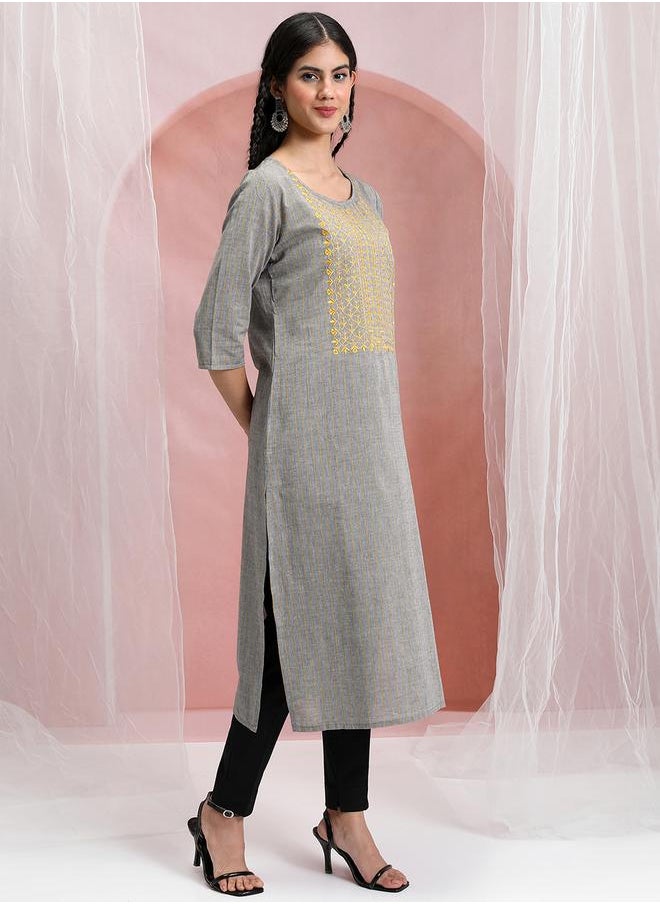 Vishudh Grey & Yellow Embroidered Cotton Kurta for Women by Styli  - Image 4
