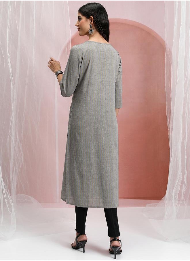 Vishudh Grey & Yellow Embroidered Cotton Kurta for Women by Styli  - Image 3