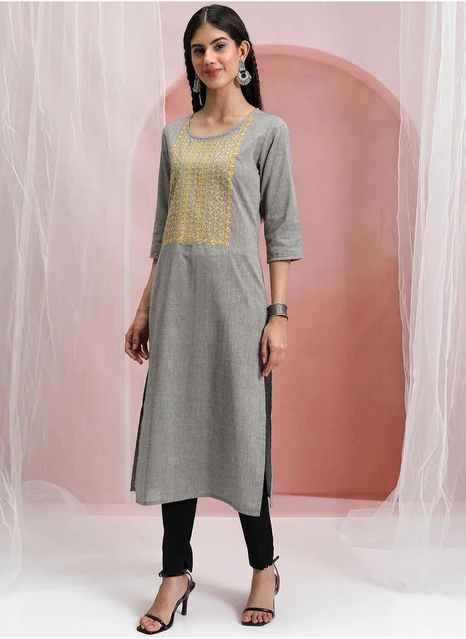 Vishudh Grey & Yellow Embroidered Cotton Kurta for Women by Styli