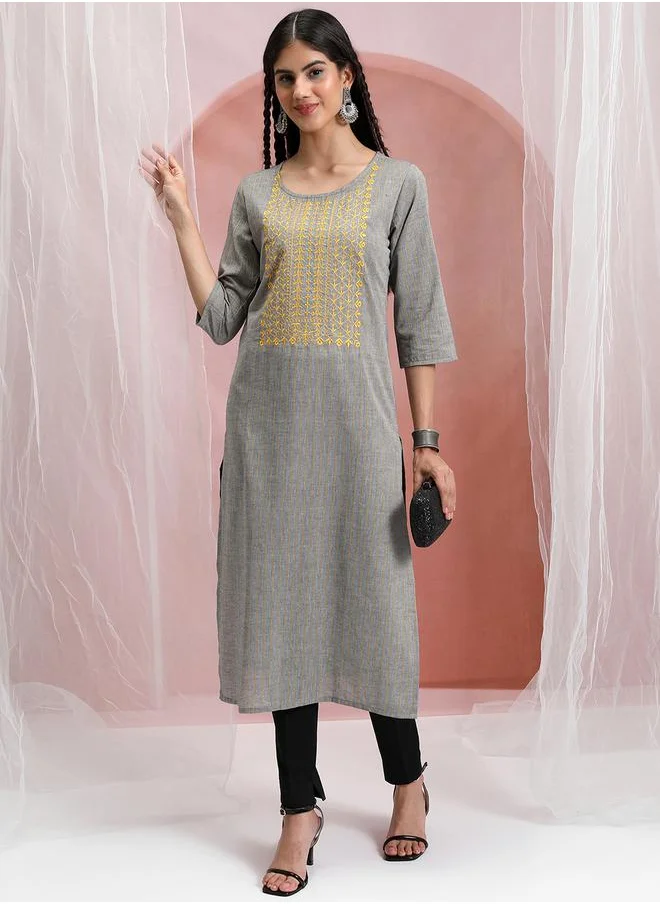 Vishudh Grey & Yellow Embroidered Cotton Kurta for Women by Styli
