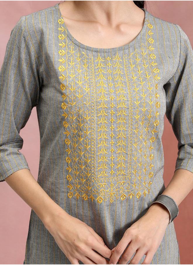 Vishudh Grey & Yellow Embroidered Cotton Kurta for Women by Styli  - Image 5