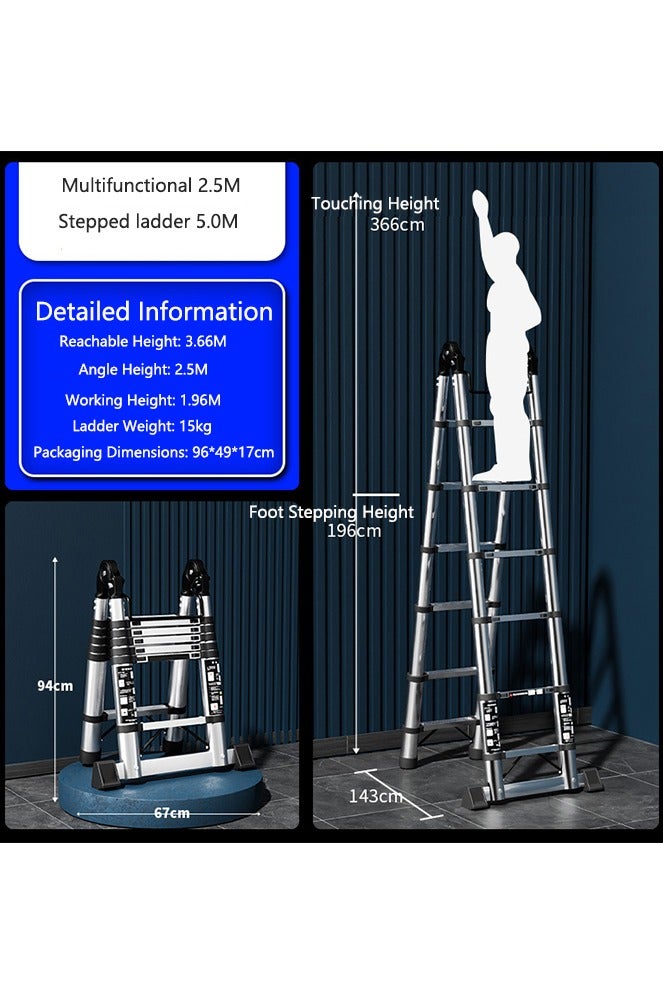 OASIS DESERT The Multi-Functional Stainless Steel Telescopic Ladder Is Foldable And Comes With A Portable And Compact Anti-Slip Device. It Is Suitable For Indoor Or Outdoor Use (2.5m + 2.5m = 5.0m) - Image 2