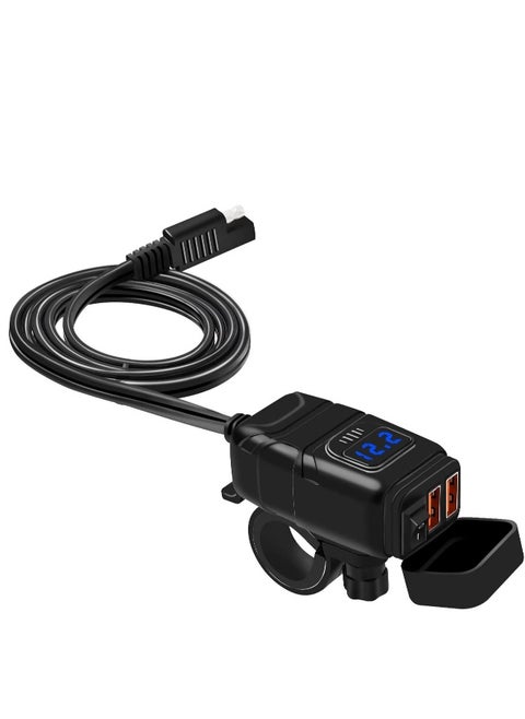 Motorcycle Charger SAE to USB Car Adapter Dual Fast and 12V Voltmeter with Independent On/Off Power Switch 10A Fuse Charging Kit for Phone GPS Tablet