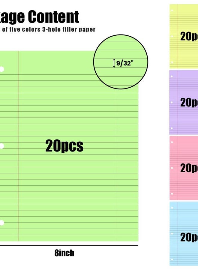 Koogel 100 Sheets Loose Leaf Paper, Colorful Lined Filler Paper Notebook Paper 3 Holes Punch for School Office Meeting Travel 10.5 x 8 Inch - Image 4