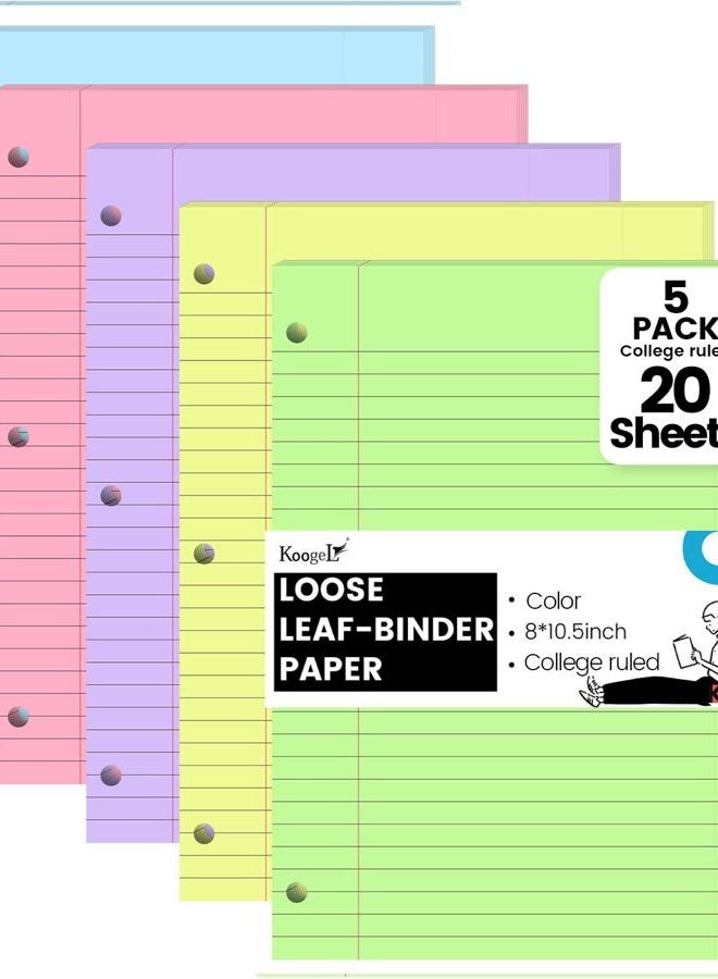 Koogel 100 Sheets Loose Leaf Paper, Colorful Lined Filler Paper Notebook Paper 3 Holes Punch for School Office Meeting Travel 10.5 x 8 Inch - Image 1