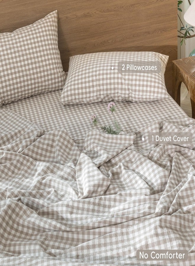 MooMee Gingham Duvet Cover Set 100% Washed Cotton Linen Like Textured Breathable Durable Soft Comfy Modern Checkered Design (Tannish Linen Grey Gingham, Cal King 104"x98") - Image 2