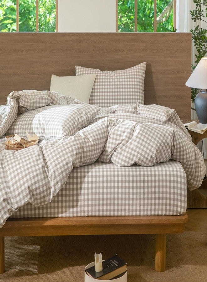 MooMee Gingham Duvet Cover Set 100% Washed Cotton Linen Like Textured Breathable Durable Soft Comfy Modern Checkered Design (Tannish Linen Grey Gingham, Cal King 104"x98") - Image 5