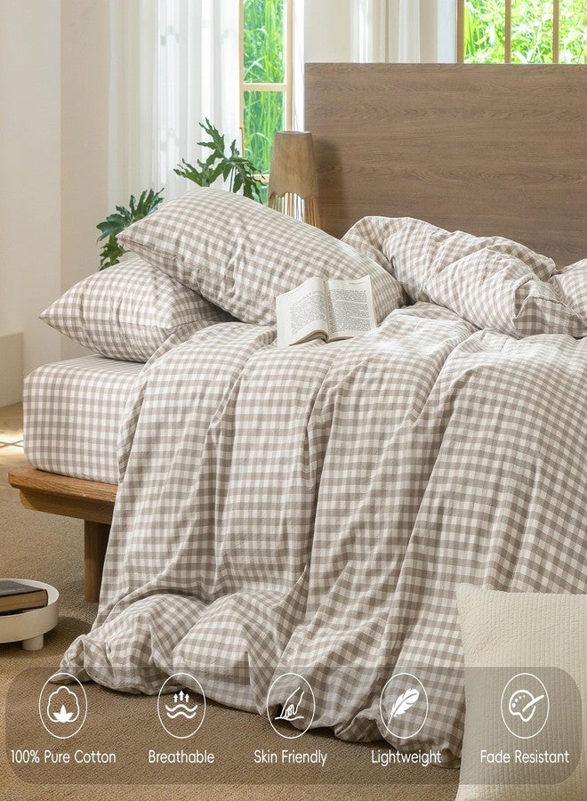 MooMee Gingham Duvet Cover Set 100% Washed Cotton Linen Like Textured Breathable Durable Soft Comfy Modern Checkered Design (Tannish Linen Grey Gingham, Cal King 104"x98") - Image 4