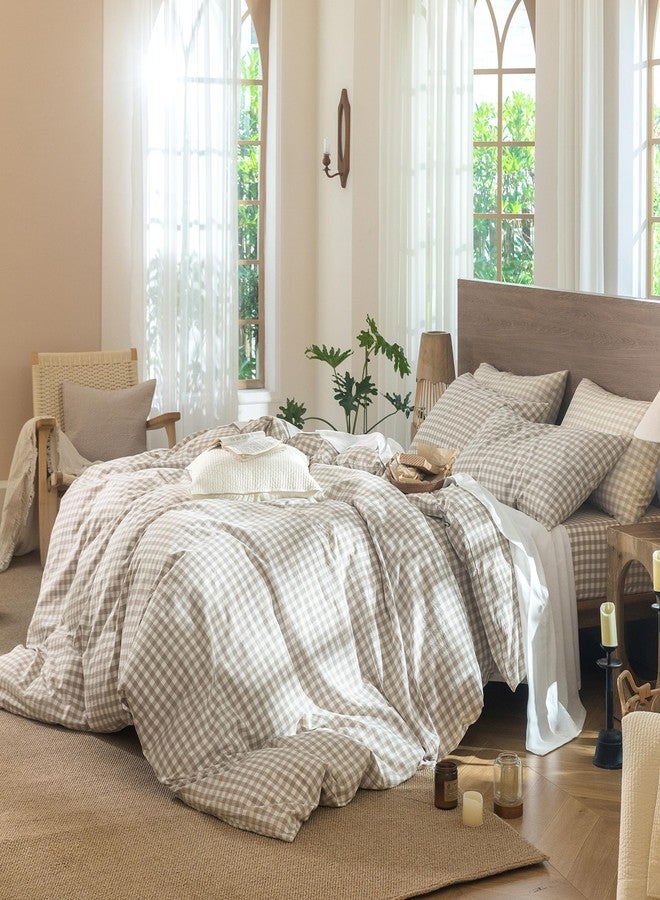 MooMee Gingham Duvet Cover Set 100% Washed Cotton Linen Like Textured Breathable Durable Soft Comfy Modern Checkered Design (Tannish Linen Grey Gingham, Cal King 104"x98") - Image 3
