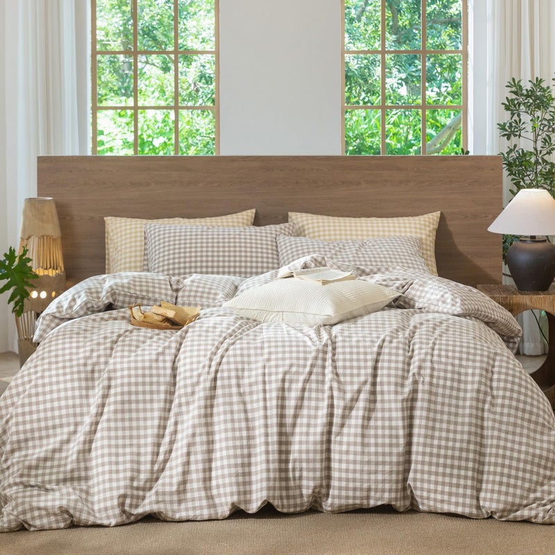 MooMee Gingham Duvet Cover Set 100% Washed Cotton Linen Like Textured Breathable Durable Soft Comfy Modern Checkered Design (Tannish Linen Grey Gingham, Cal King 104"x98") - Image 1