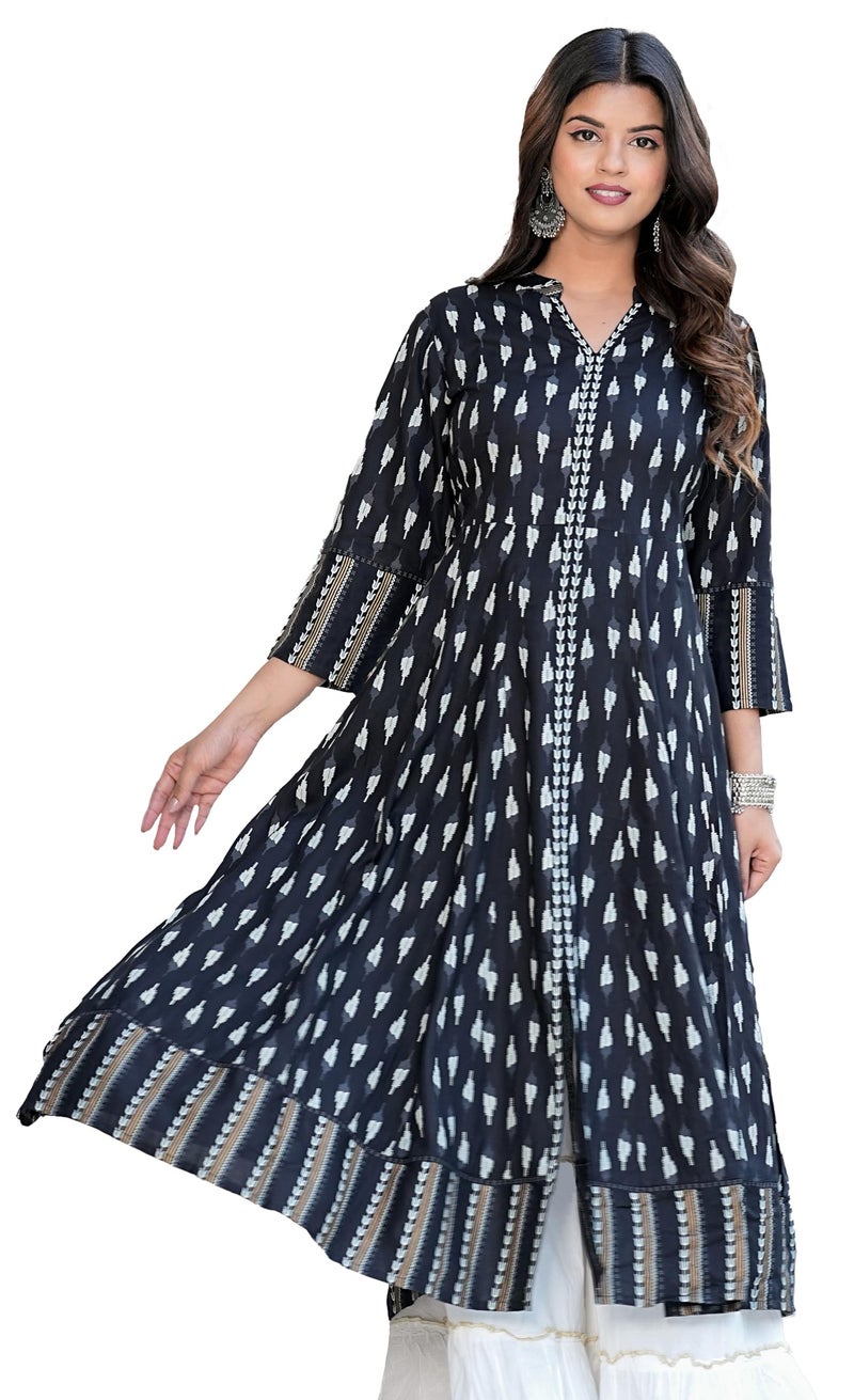 Yash Gallery Women's Rayon Ikat Printed Regular Fit Anarkali Kurta (Black), Large - Image 1