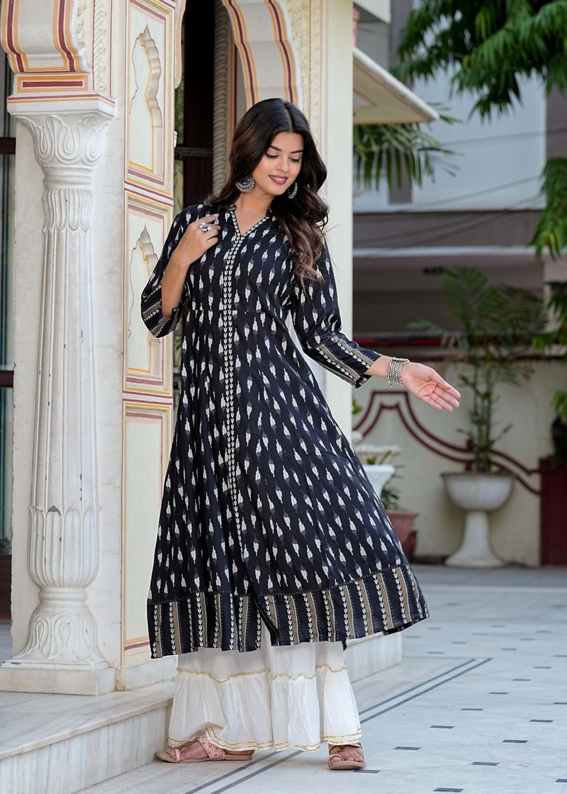 Yash Gallery Women's Rayon Ikat Printed Regular Fit Anarkali Kurta (Black), Large - Image 3