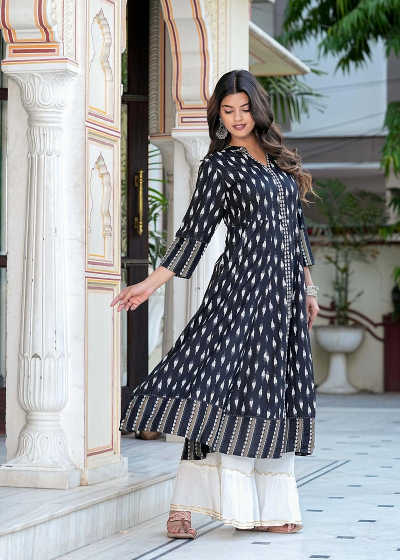 Yash Gallery Women's Rayon Ikat Printed Regular Fit Anarkali Kurta (Black), Large - Image 2