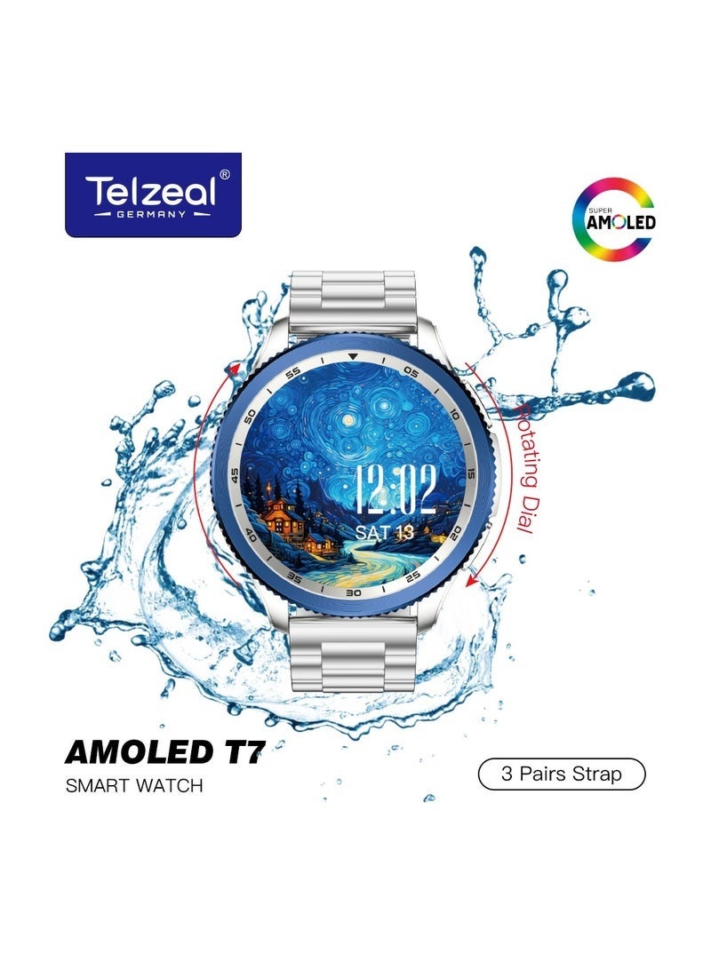 Telzeal AMOLED T7 Smartwatch, 50M Depth Waterproof Fitness Tracker, Silver Display, Heart Rate & Sleep Monitor, Long Battery, Sports Modes, Notifications for Android & iOS - Image 1