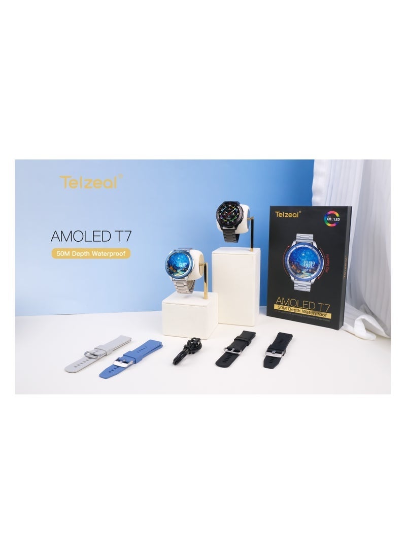 Telzeal AMOLED T7 Smartwatch, 50M Depth Waterproof Fitness Tracker, Silver Display, Heart Rate & Sleep Monitor, Long Battery, Sports Modes, Notifications for Android & iOS - Image 3