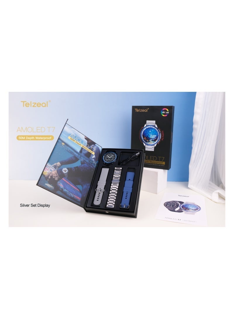 Telzeal AMOLED T7 Smartwatch, 50M Depth Waterproof Fitness Tracker, Silver Display, Heart Rate & Sleep Monitor, Long Battery, Sports Modes, Notifications for Android & iOS - Image 2
