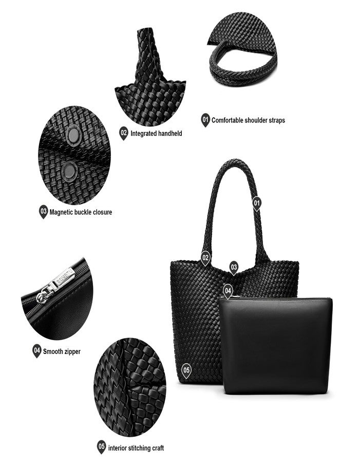 Sumrains Woven Bags for Women Tote Purse: Vegan Leather Shoulder Handbags - Fashion Beach Tote Bags - Large Travel Totes Handwoven Satchel for Holidays (Black Color) - Image 4