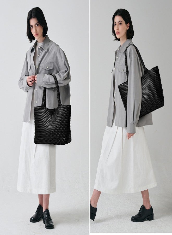 Sumrains Woven Bags for Women Tote Purse: Vegan Leather Shoulder Handbags - Fashion Beach Tote Bags - Large Travel Totes Handwoven Satchel for Holidays (Black Color) - Image 2