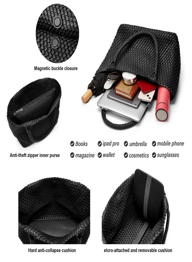Sumrains Woven Bags for Women Tote Purse: Vegan Leather Shoulder Handbags - Fashion Beach Tote Bags - Large Travel Totes Handwoven Satchel for Holidays (Black Color) - Image 3
