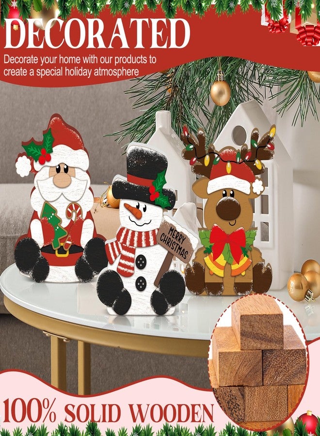GlikCeil 3 Pcs Christmas Wooden Table Decorations Snowman Reindeer Santa Claus Centerpiece Block Holiday Wood Tiered Tray Tabletop Sign for Office Dining Room Mantle Home Party Supplies - Image 3
