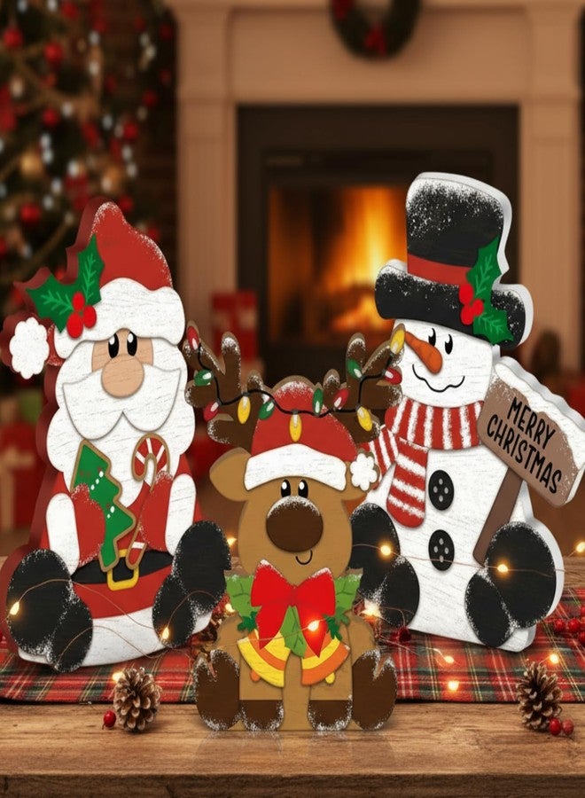 GlikCeil 3 Pcs Christmas Wooden Table Decorations Snowman Reindeer Santa Claus Centerpiece Block Holiday Wood Tiered Tray Tabletop Sign for Office Dining Room Mantle Home Party Supplies - Image 1