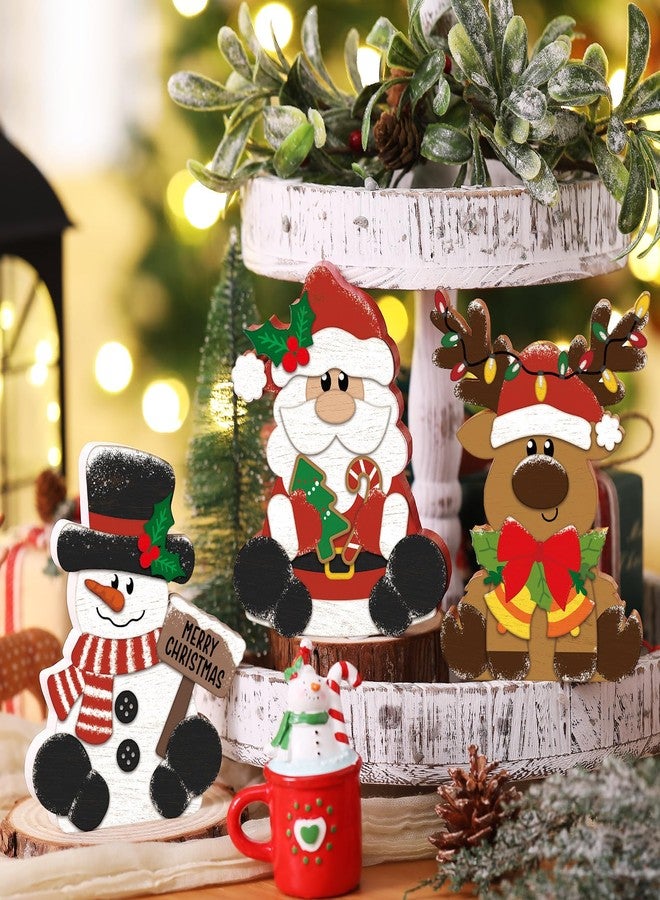 GlikCeil 3 Pcs Christmas Wooden Table Decorations Snowman Reindeer Santa Claus Centerpiece Block Holiday Wood Tiered Tray Tabletop Sign for Office Dining Room Mantle Home Party Supplies - Image 4