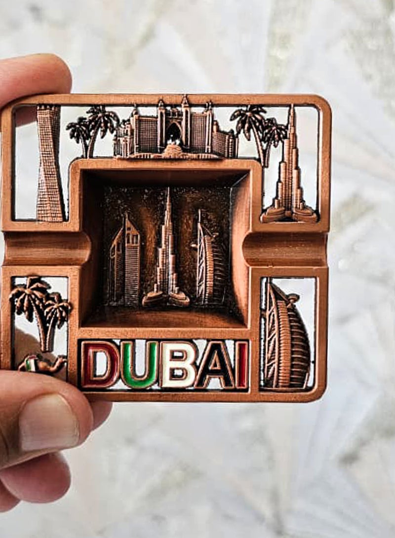 Souvenir Souq Dubai Skyline Metal Ashtray Made of Zinc Alloy – UAE Flag Colors with Burj Al Arab, Burj Khalifa Atlantis, Camel & Palm Tree, Copper color finish - Image 2