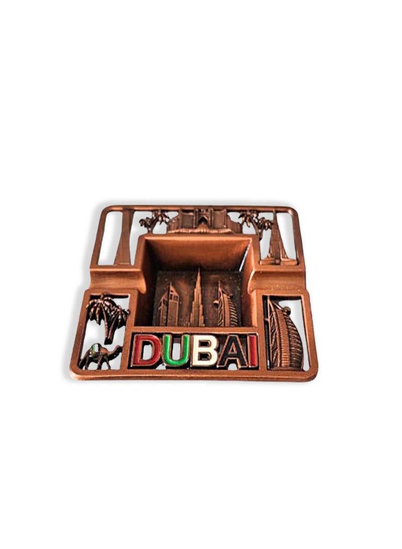 Souvenir Souq Dubai Skyline Metal Ashtray Made of Zinc Alloy – UAE Flag Colors with Burj Al Arab, Burj Khalifa Atlantis, Camel & Palm Tree, Copper color finish - Image 1