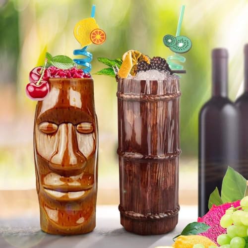 LINALL Tiki Mugs Cocktail Set of 4 - Large Ceramic Hawaiian Party Mugs Drinkware, Cute Exotic Cocktail Glasses, Tiki Bar Professional Hawaiian Party Barware, TKSET0001 - Image 4