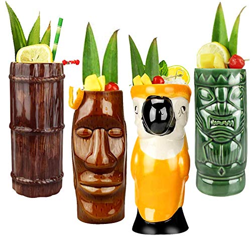 LINALL Tiki Mugs Cocktail Set of 4 - Large Ceramic Hawaiian Party Mugs Drinkware, Cute Exotic Cocktail Glasses, Tiki Bar Professional Hawaiian Party Barware, TKSET0001 - Image 1