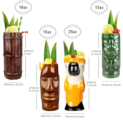 LINALL Tiki Mugs Cocktail Set of 4 - Large Ceramic Hawaiian Party Mugs Drinkware, Cute Exotic Cocktail Glasses, Tiki Bar Professional Hawaiian Party Barware, TKSET0001 - Image 2