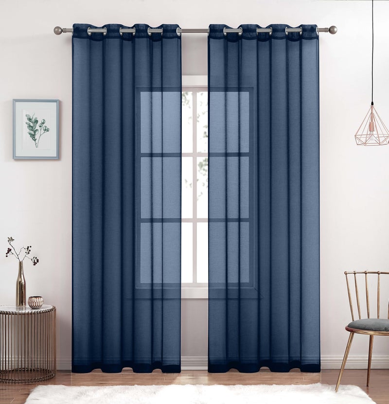 July Joy Semi Linen Look Sheer Curtains for Bedroom Living Room Grommet Light Filtering Solid Voile Window Curtains Set of 2 Panels 52 x 84 inch Navy