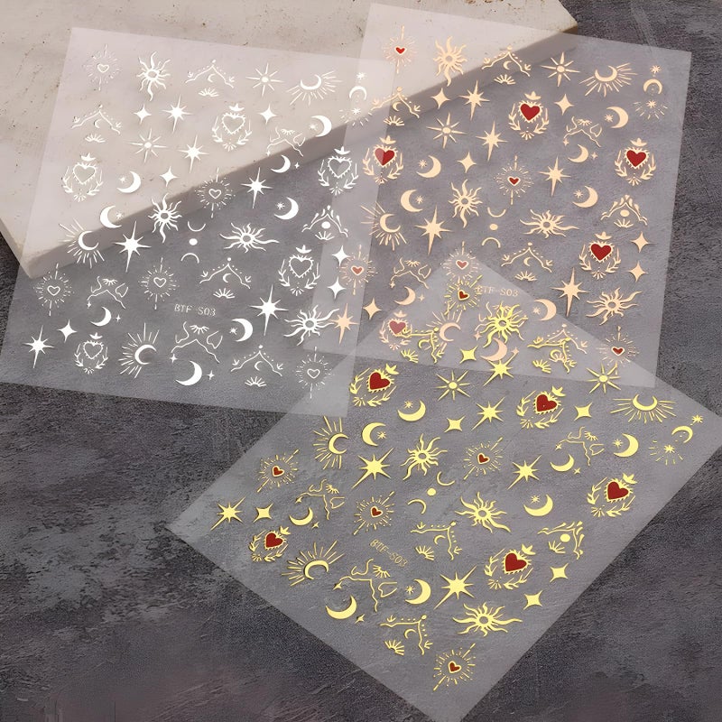 SPLOCUDU 12 Sheets Star Nail Stickers for Nail Art 3D Self-Adhesive Nail Art Stickers Gold Silver Sun Moon Heart Nails Design Decoration Accessories for Women - Image 5