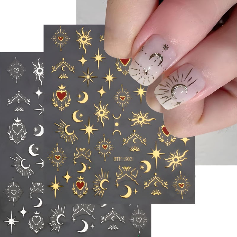 SPLOCUDU 12 Sheets Star Nail Stickers for Nail Art 3D Self-Adhesive Nail Art Stickers Gold Silver Sun Moon Heart Nails Design Decoration Accessories for Women - Image 2