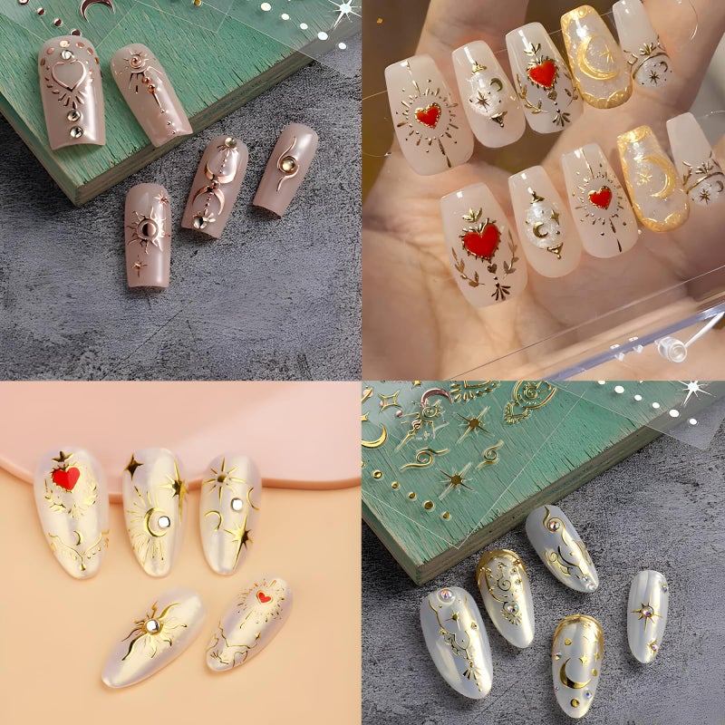 SPLOCUDU 12 Sheets Star Nail Stickers for Nail Art 3D Self-Adhesive Nail Art Stickers Gold Silver Sun Moon Heart Nails Design Decoration Accessories for Women - Image 3