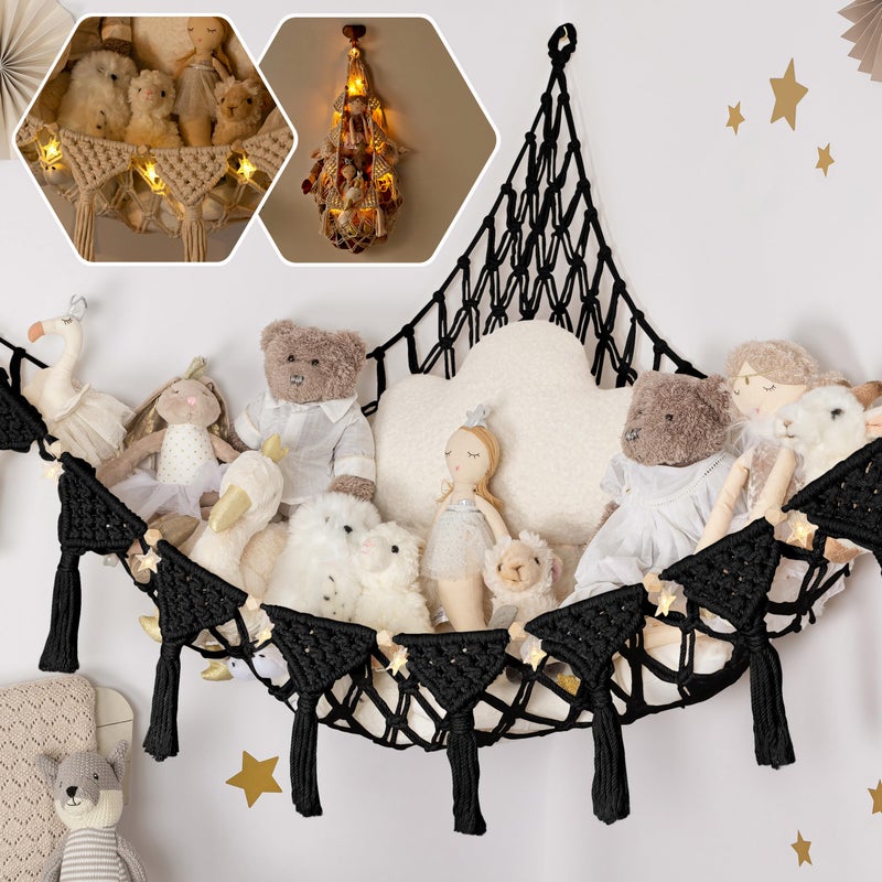 TIDYTEDS Macrame DreamLights Boho Stuffed Animal Storage Net Hammock Extra Large Plush Toy Storage Holder For Small Or Large Plushies BLACK - Image 1