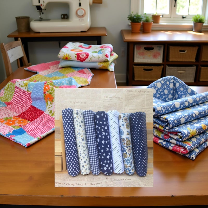 Labriciyon Cotton Fabric Squares for Quilting, 10 x 10 inches, 7 Pieces, Floral Dot Pattern (Dark Blue) - Image 4