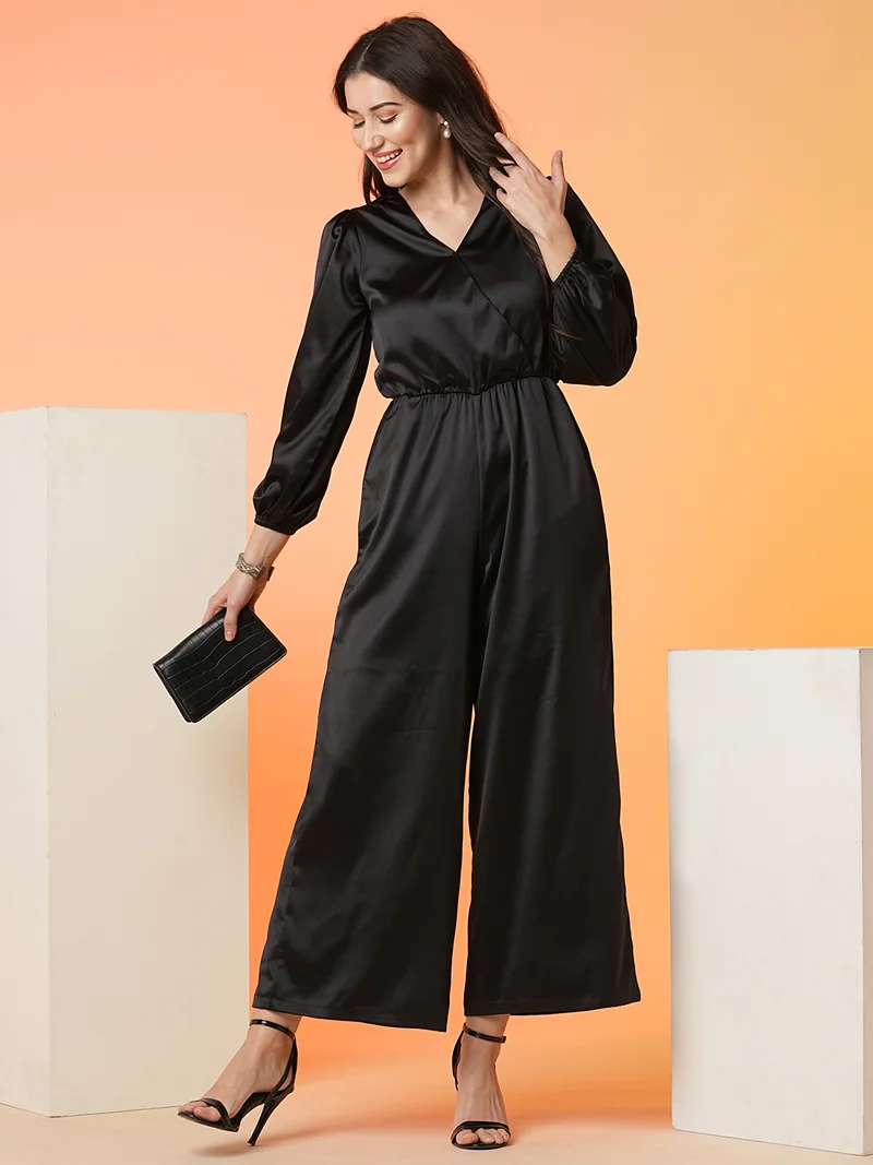 globus Women Black V-Neck Basic Jumpsuit