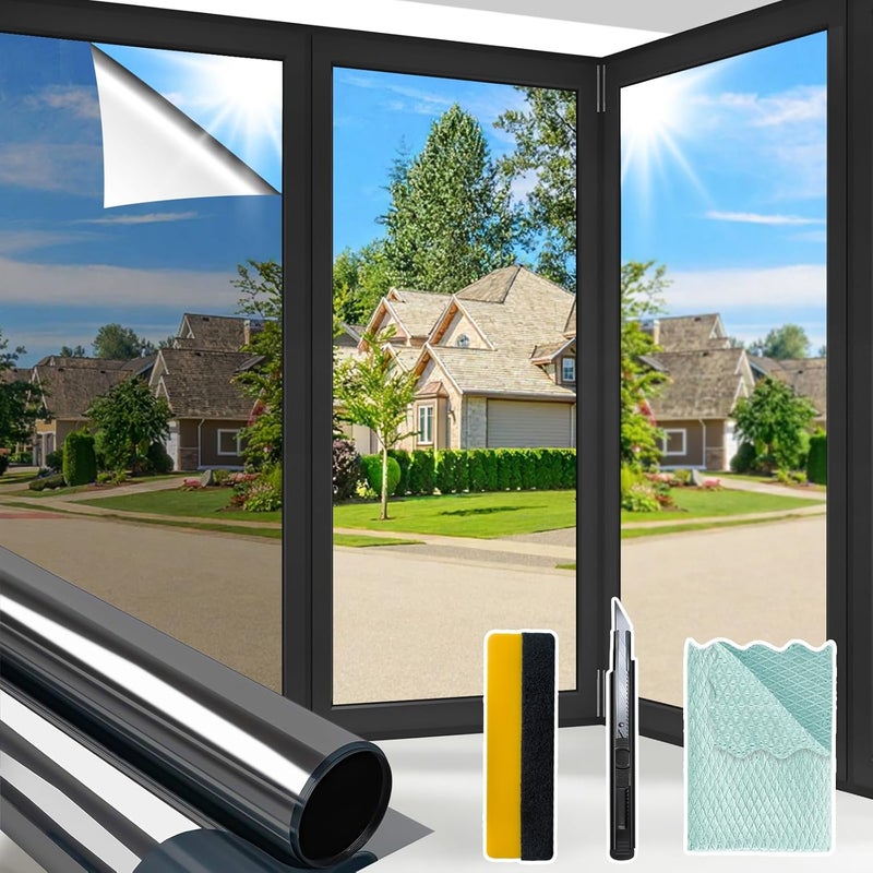 Vanzard One Way Window Privacy Film Reflective Mirror Home Window Tint, Daytime Privacy Heat Control Anti UV Glass Tinting for Home Self Adhesive, Black-Silver, 17.5 x 78.7 - Image 1