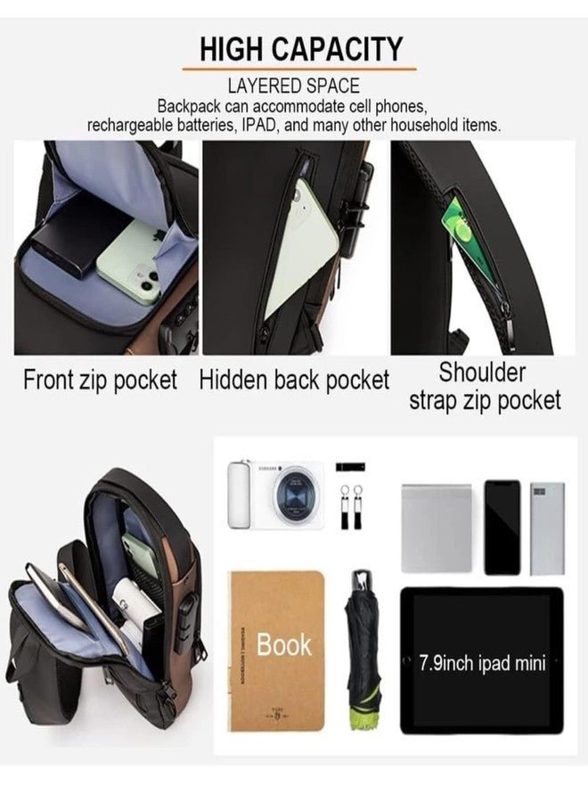 Alison Waterproof Anti-theft Crossbody Bag With Password Zipper Lock & USB Charging Port, Men's Shoulder Chest Daypack Bag Travel Hiking Sling Backpack (Black) - Image 5