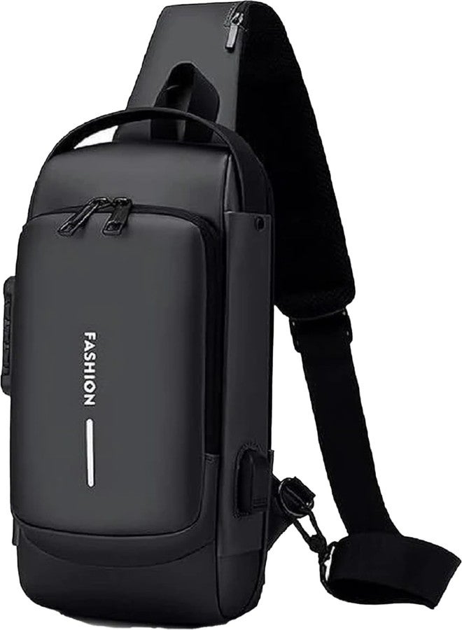 Alison Waterproof Anti-theft Crossbody Bag With Password Zipper Lock & USB Charging Port, Men's Shoulder Chest Daypack Bag Travel Hiking Sling Backpack (Black) - Image 1