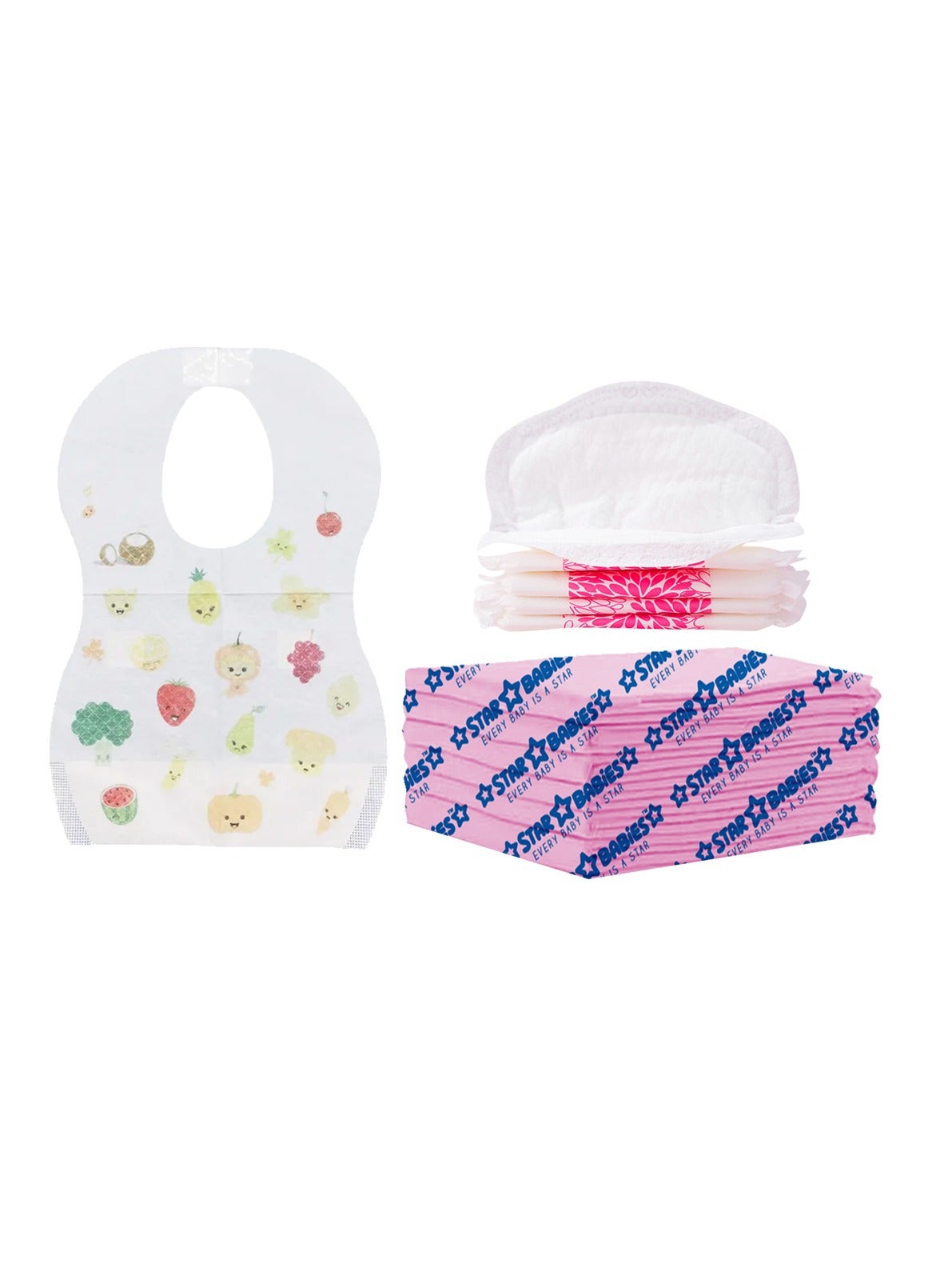 Star Babies Disposable Combo pack (Changing mat 6pcs, Breast Pad 5pcs, Bibs 5pcs)-Pink