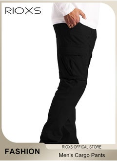 RIOXS Men's Cargo Pants, Casual Work Pants With Pockets, Cotton Hiking Sweatpants For Men, Mes Athletic Jogger Sports Outdoor Trousers, Relaxed Fit Joggers Pants, Open Bottom Drawstring Trousers  - Image 3