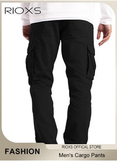 RIOXS Men's Cargo Pants, Casual Work Pants With Pockets, Cotton Hiking Sweatpants For Men, Mes Athletic Jogger Sports Outdoor Trousers, Relaxed Fit Joggers Pants, Open Bottom Drawstring Trousers  - Image 2