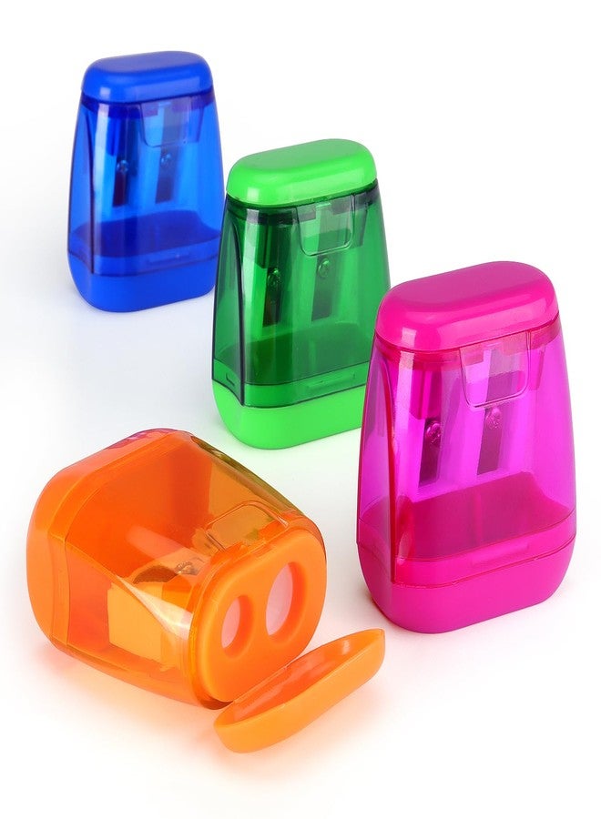 Hutou 4 Pack Double Holes Pencil Sharpener Manual Sharpeners with Lid for Kids, School, Office, Home(Blue, Green, Orange, Rose) - Image 1