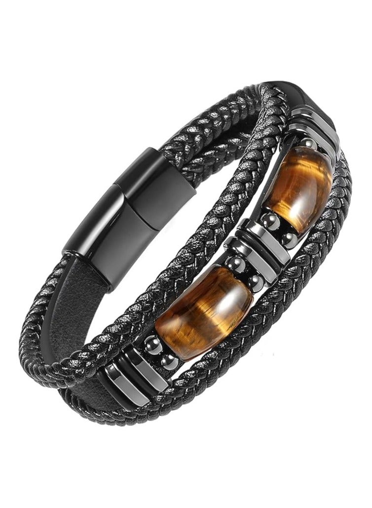 MARIO DRAFTS Men's Braided Leather Bracelet with Eye Stone, Black Stainless Steel Clasp, Double Layer Design - Image 1