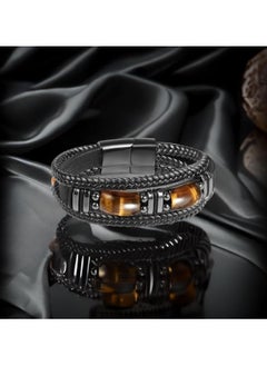 MARIO DRAFTS Men's Braided Leather Bracelet with Eye Stone, Black Stainless Steel Clasp, Double Layer Design  - Image 2