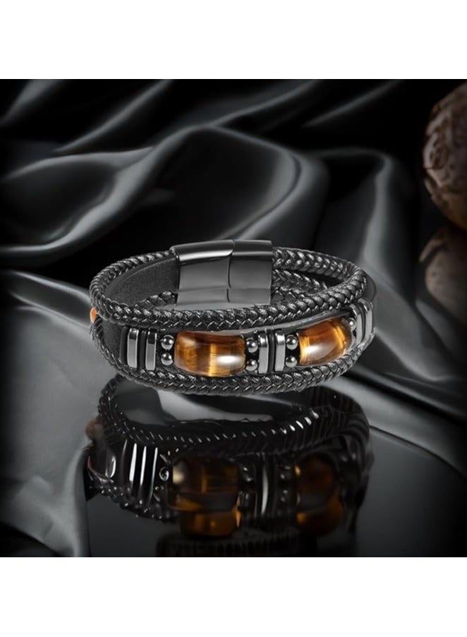 MARIO DRAFTS Men's Braided Leather Bracelet with Eye Stone, Black Stainless Steel Clasp, Double Layer Design - Image 2